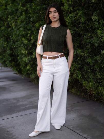 Andrea Bello Women's Olive Green Crew Neck Twist Knit Vest, Casual Versatile, Suitable For School/Campus Wear In Autumn/Winter,Christmas Sweater Women