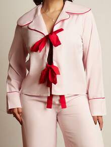 Lupita Cardoza Women's Autumn/Winter New Christmas & Valentine's Day Casual Home Daily Front Bowknot Collar Contrast Trim Pink Shirt And Loose Pink Pants 2-Piece Pajama Set - Pink - View 6