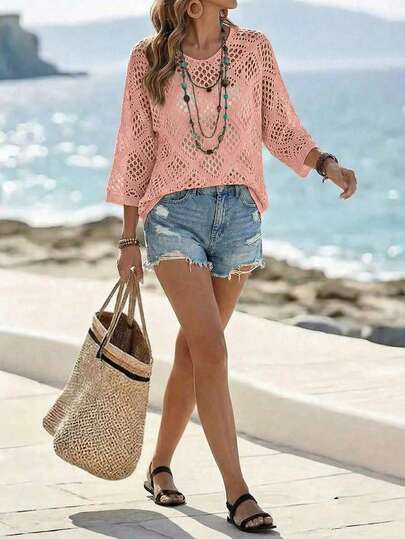 Breezaya Women's Solid Color V-Neck Long Sleeve Hollow Out Loose Casual Sweater Beach Vacation Outfits Woman Coastal Outfits Beachy Outfit Summer Beach Outfits Women Long Sleeve Summer Top