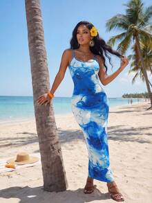 SHEIN Lady Đầm midi nữ kiểu tie-dye thanh lịch, thắt eo, thích hợp cho kỳ nghỉ. - Nhiều màu - Xem 5