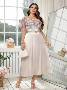 SHEIN Clasi Elegantes Off-Shoulder Damenkleid in Große Größen mit 3D-Blumendekor, luxuriöses Abendkleid für Hochzeiten, Abendessen, Sommerkleidung, Outfits, Kleidung, Frühlingsoutfit, Kleider, Festivalkleider, elegante Kleider, elegante Partykleider, Partyoutfit, Hochzeitsgastkleid, Hochzeitsfeierkleid, Hochzeiten, Veranstaltungen, Brautjungfernkleid, Abschlussballkleid, Abschlussoutfit für Mütter, Outfits, Ballkleid, Geburtstagsoutfit für Frauen, Hochzeitsoutfits für Frauen, Outfits für Frauen, Outfits, formelles Kleid, Empfangskleid - Aprikosenfarben - Übersicht 5