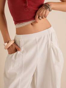 Easelle 休闲复古低腰宽松褶皱舒适休闲女裤 - 白色 - 查看 3