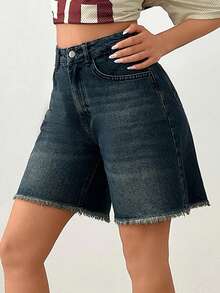 SHEIN Women High Waist Dark Washed Frayed Hem Denim Short - Dark Wash - View 3