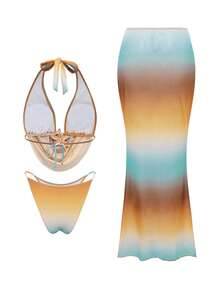 Bonvoyette Bộ bikini hai mảnh cổ yếm in họa tiết ngẫu nhiên, màu ombre dành cho nữ, kèm áo khoác ngoài và váy. - Màu vàng - Xem 6