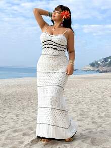 GalTyme Plus Size Vacation Beach Colorblock Striped Hollow Out Knit Cami Dress - Black and White - View 3
