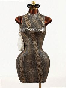 SHEIN BamGlam Đầm ngắn ôm sát dành cho nữ, chất liệu giả da rắn, có lớp vải bóng và eo nhún, không tay, kiểu dáng đơn giản và thời trang, phù hợp cho mặc hàng ngày và thường nhật. Đầm mini gợi cảm tối giản, thích hợp cho các bữa tiệc, câu lạc bộ, Giáng sinh, Lễ tình nhân, lấp lánh, dệt kim, hoàn hảo cho các lễ hội âm nhạc, màu đỏ anh đào, phong cách đường phố. - Vàng - Xem 3