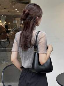 FRIFUL 女士网纱高领透视上衣，秋季叠穿单品 - 灰色 - 查看 2