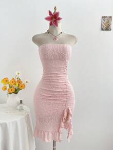 Elamini Pink Strapless Textured Floral Ruched Waist Slit Ruffle Hem Bodycon Dress - Baby Pink - View 5