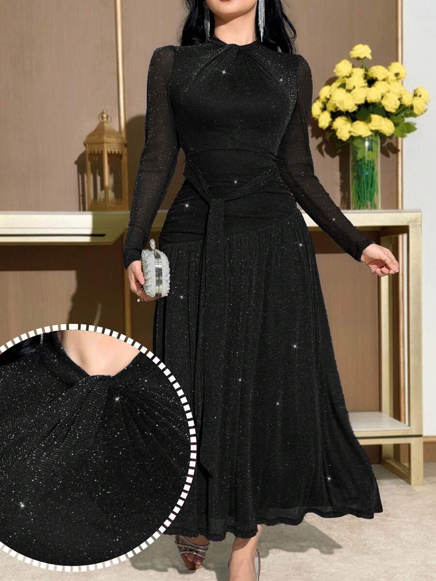 Modelyn 女士扭结褶皱优雅腰身中长连衣裙，适合派对和各种场合