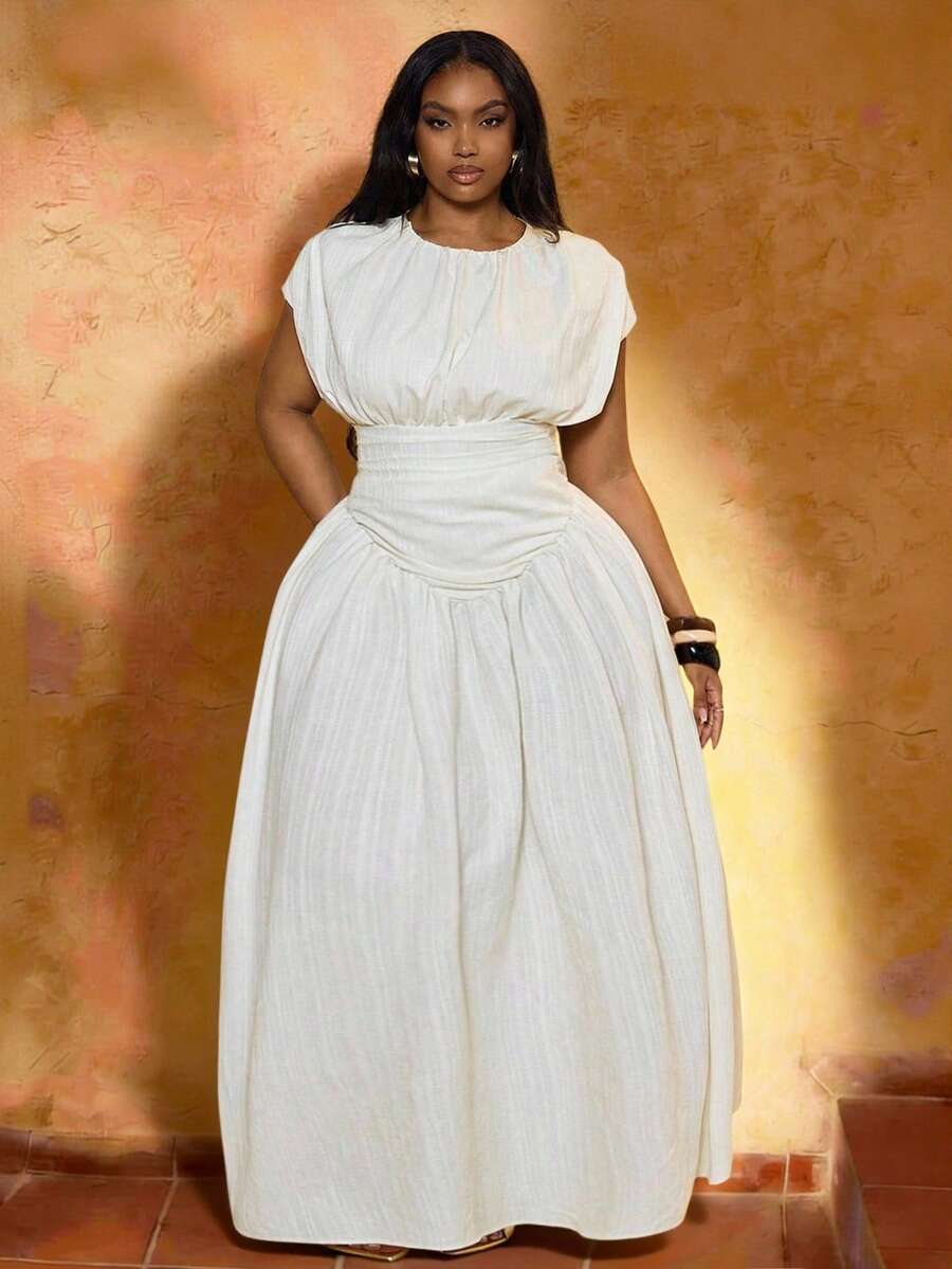 Veslaya 2026 Spring/Summer Plus Size Women Solid Color Round Neck Ruched Waist Simple Dress, Suitable For Vacation, Cruise, Travel, Beach, Party, Banquet, Summer Dresses