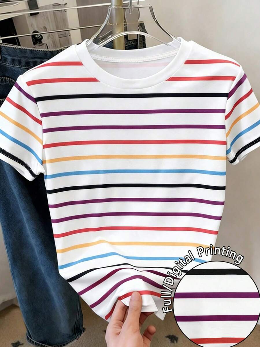 少女彩虹条纹印花宽松T恤,色彩缤纷的休闲舒适T恤,适合春夏穿着,清凉夏日系列,返校必备,夏季女童装,童装时尚,基础款,春夏韩版风格,日常童装 - 白色 - 查看 1