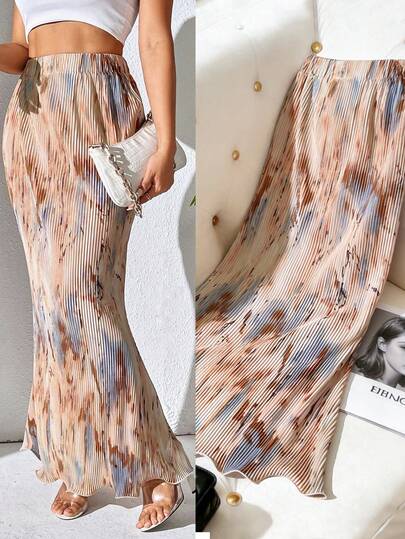 SHEIN Clasi Spring And Summer Casual Pleated Elastic Waist Fish Tail Hem Long Skirt With Random Prints Women Fall For Women