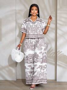 SOLERSUN Ropa de mujer talla grande para primavera/verano: elegante y con estilo, perfecta para vacaciones casuales. Este conjunto incluye una camisa de manga corta con estampado animal gris-marrón en tela tejida sin estiramiento con detalles de botones en el cuello y cintura elástica, combinada con pantalones rectos. También hay disponible un conjunto de dos piezas, atuendos de vacaciones para mujeres, conjuntos casuales para mujeres - Café integral - Ver 1