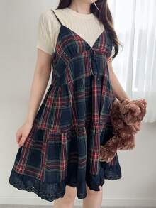 FRIFUL Women's Plaid Strap Patchwork Embroidered Fabric Front Bow Decor Casual Loose Versatile Tank Top, Autumn/Winter Summer - Multicolor - View 6