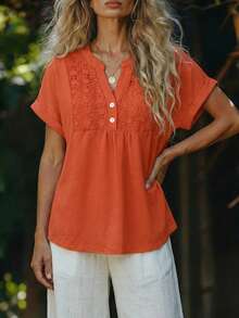 EMERY ROSE Women's Contrast Lace V-Neck Short Sleeve Casual Blouse - Orange - View 3