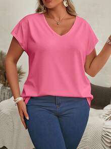 EMERY ROSE Plus Size Women's Summer Solid V-Neck Short Sleeve Casual T-Shirt Basic Top Pink Tops Pink Top Women V Neck Tops V Neck Tshirts Women - Multicolor - View 6