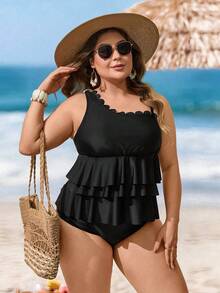 Swim Lushoire Plus Size Women Summer Beach Solid Color Asymmetric Neckline Fashionable Tankini Swimwear Set - Black - View 5