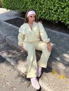 Maria Perezxox Women's Cream Yellow Casual Loose Sweatsuit Set, Y2K Style, Autumn Outfit - Yellow - View 1