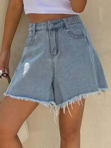 DAZY Quần short denim ống rộng, gấu quần rách, chất liệu denim mài, kiểu dáng thường ngày dành cho nữ, thích hợp cho mùa hè. - Rửa trung bình - Xem 5