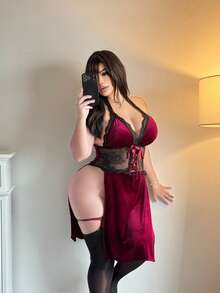 Vibekara 女士性感复古蕾丝高开衩丝绒旗袍 - 酒紅色 - 查看 4