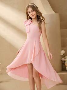 Tween Girl Elegant Solid Color Bow Decor One Shoulder Party Dress - Dusty Pink - View 8