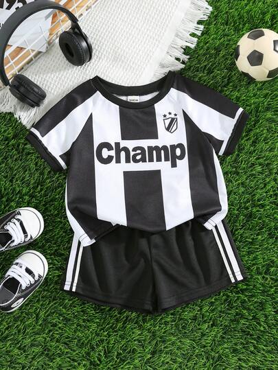 SHEIN Set de 2 piezas de jersey a rayas negro unisex para bebé, conjunto de camiseta de manga corta y pantalones cortos de punto, jersey para bebé, equipo Juventus, primavera/verano