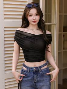 K-Vae Women's Sexy Elegant Off Shoulder Asymmetrical Mesh Sheer Casual Tee, Suitable For Dating, Party, Commuting, Daily Wear, Slimming, Spring/Summer - Black - View 4