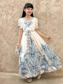 Dazy Kids Tween Girls Elegant Floral V-Neck Puff Sleeve Belted Mid-Length Dress, Autumn Summer Vacation - Blue - View 7