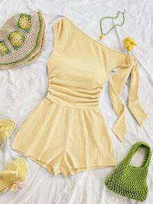 Soleia Bộ jumpsuit màu vàng nhạt gợi cảm với thiết kế bất đối xứng, dây buộc vai, thích hợp cho các bữa tiệc, kỳ nghỉ, lễ hội âm nhạc, phong cách boho, du lịch, và buổi hẹn trà chiều. - Màu vàng ngỗng - Xem 5