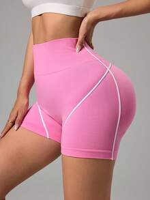 Sovereign Charm Pantalones cortos deportivos casuales de mujer con cintura alta y rayas de contraste - Rosa - Ver 8