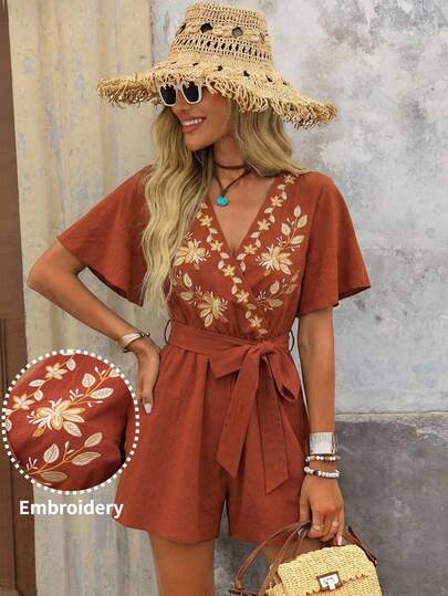 Brillora Macaquinho Feminino com Decote V Transpassado, Mangas Bufantes e Bordado Floral