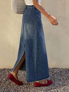 DAZY 女士休闲水洗白色口袋A字牛仔裙，春夏款 - 中等水洗藍 - 查看 2