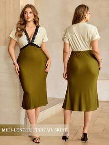 Roveilla Plus Size Women's Vintage Color Block V-Neck Lace Patchwork Satin Bodycon Midi Dress - Multicolor - View 3