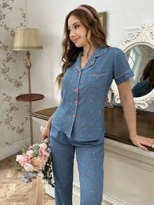 CottageSlumber 浪漫春夏碎花短袖长裤口袋前扣女士睡衣套装，家居服 - 藍色 - 查看 4
