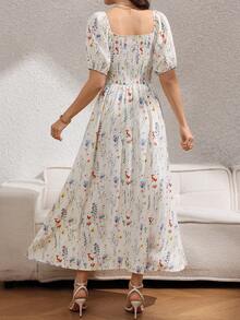 Rafferiza 女士优雅休闲宫廷风简约方领花瓣袖露背收腰飘逸印花长裙，夏季 - 杏色 - 查看 2