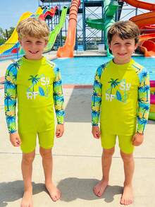 SHEIN Young Boy Palm Tree Letter Print Raglan Sleeve Swimsuit Set - Multicolor - View 4