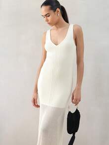 KSTM Womens Ribbed Knit V-Neck Sleeveless Midi Dress Semi Sheer Bodycon Tank Summer Casual Evening Versatile Dress - Yellow - View 4