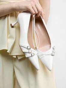 CUCCOO BIZCHIC 女鞋 女士尖头小猫跟鞋，白色多条纹交叉低鞋面，日常通勤百搭工作休闲一脚蹬女式高跟鞋 - 白色 - 查看 3