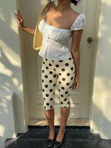 SHEIN EZwear 春夏新款奶油黄棕色波点针织弹力打底裤，女士款，适合比赛日、足球俱乐部、派对季、返校季、音乐节、度假、海滩派对等场合。 - 彩色 - 查看 3