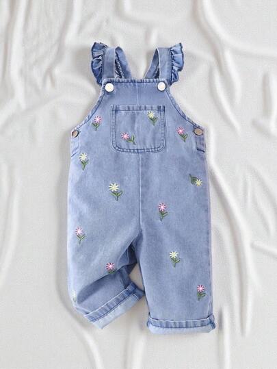 SHEIN Vintaside Kids 1 Stück Baby Mädchen süßer bestickter Blumen Jeans Jumpsuit, lässig für Ausflüge oder Partys