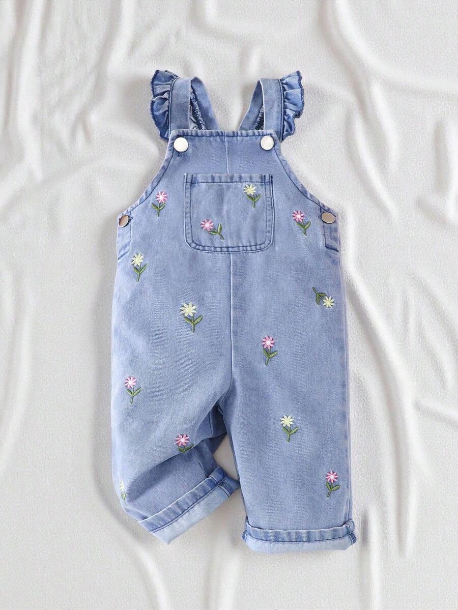 SHEIN Vintaside Kids 1 件装女婴可爱刺绣花卉牛仔连体裤，适合外出或聚会休闲 - 彩色 - 查看 1