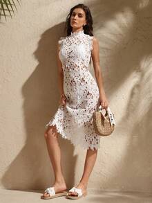 Swim Chiccia 蕾丝面料精致优雅修身连衣裙，奢华名媛风派对礼服 - 白色 - 查看 1