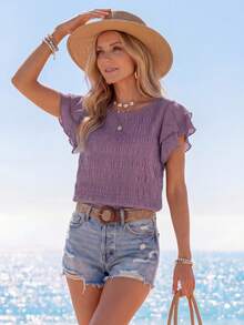 Sylviya Women's Round Neck Solid Color Casual Short Sleeve Shirt With Ruffled Hem For Summer - Dusty Purple - View 5