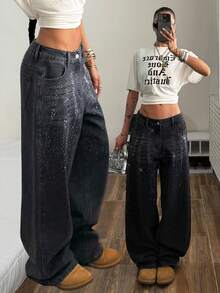 Muchica Black Versatile All-Match Women's Rhinestone Embellished Wide Leg Jeans, Spring Clothes Women,Street Wear - Black - View 1