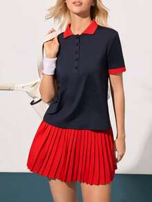 CourtClass Women's Contrast Trim Half-Zip Short Sleeve Tennis Top Women's Polo Dark Blue Polo Tennis Outfit Women's Polo - Navy Blue - View 4