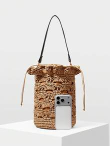 MOTF WOMEN'S WOVEN DRAWSTRING SHOULDER BAG - Camel - View 5