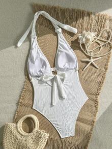 Swim Vcay 女士性感贝壳装饰V领纹理连体泳衣 - 白色 - 查看 3