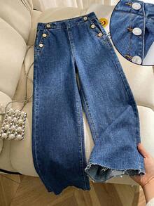 少女休闲牛仔裤，时尚百搭直筒水洗深蓝色牛仔裤，适合所有季节 - 藍色 - 查看 1