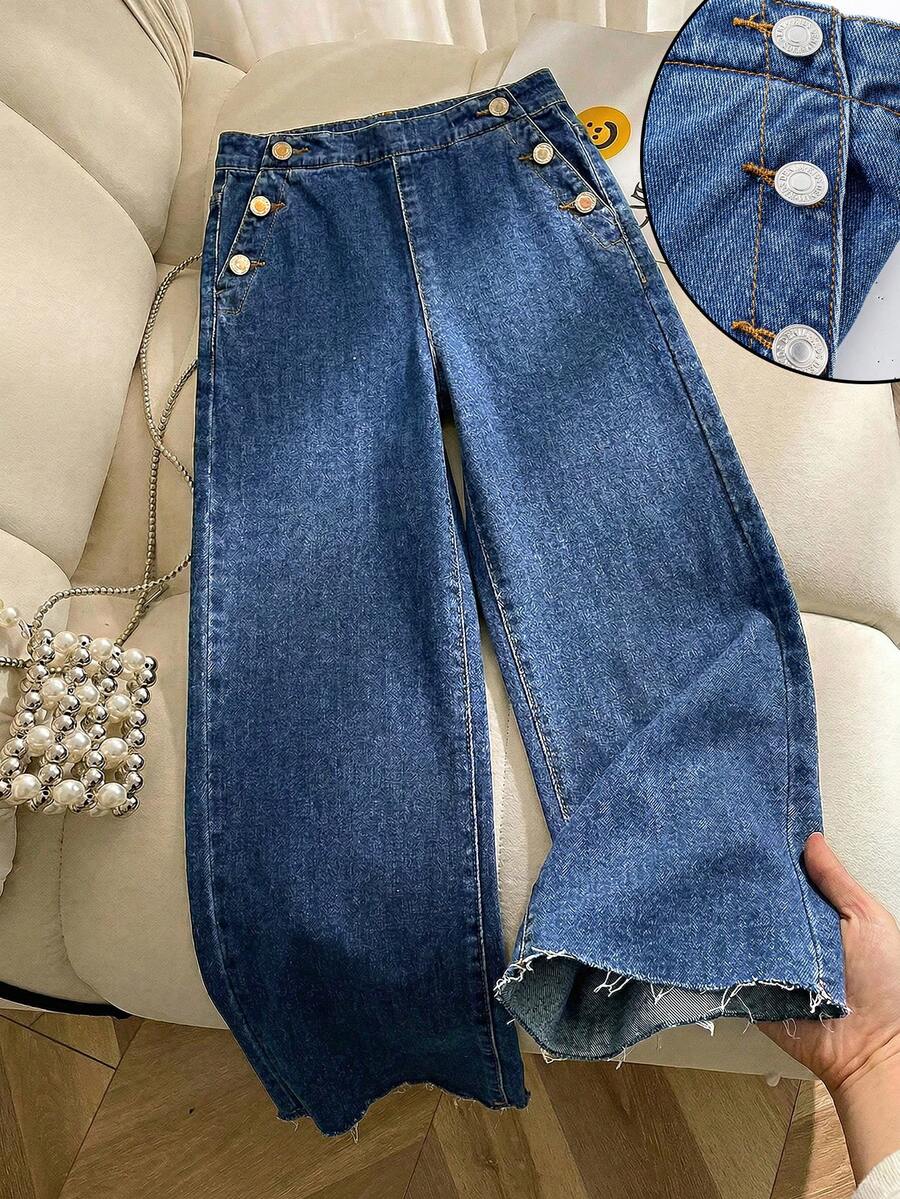 少女休闲牛仔裤，时尚百搭直筒水洗深蓝色牛仔裤，适合所有季节 - 藍色 - 查看 1