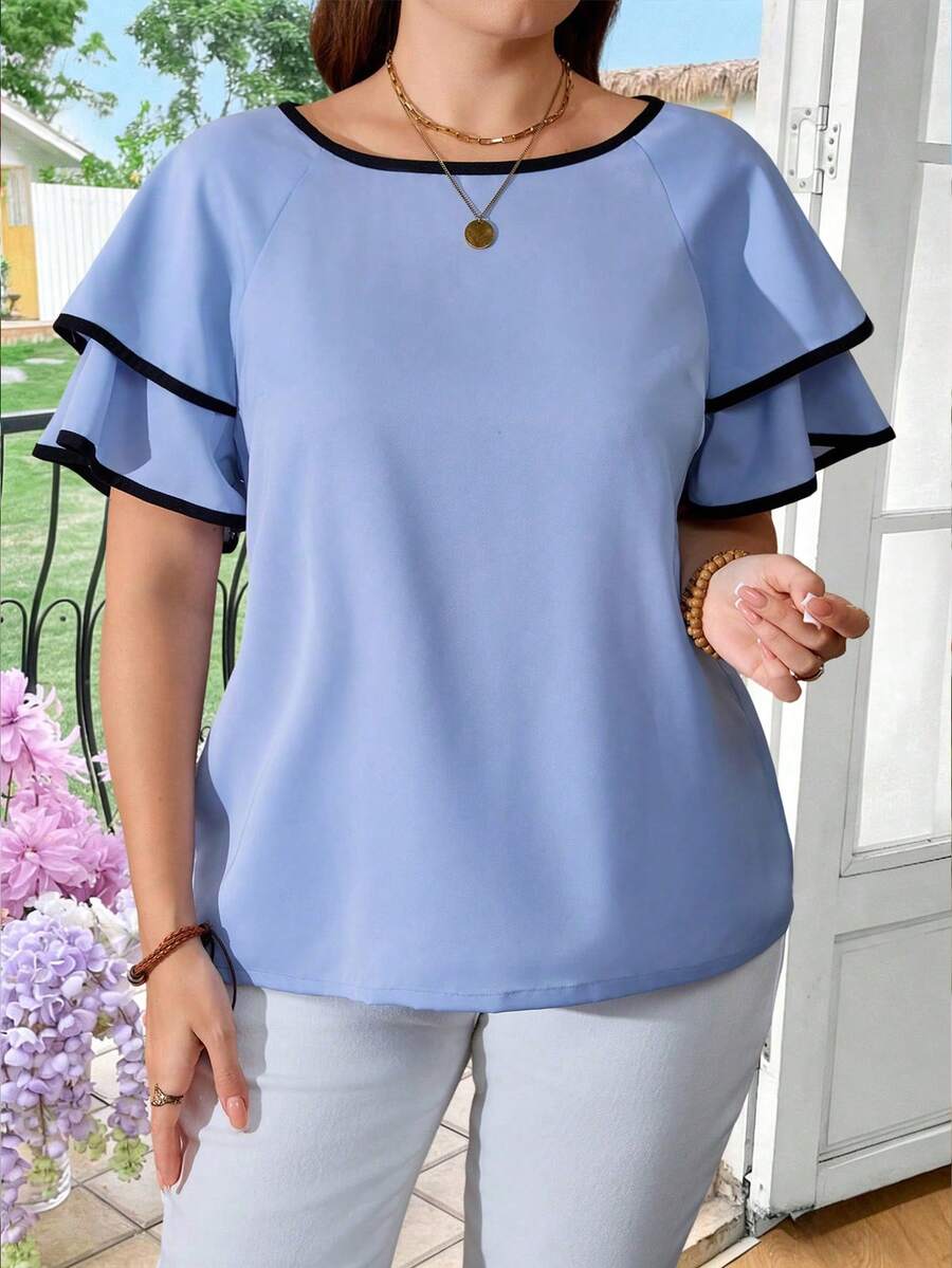 EMERY ROSE Áo kiểu nữ cỡ lớn cổ tròn, viền bèo nhún, dáng rộng, tay ngắn, thoải mái, đa năng, phù hợp mặc hàng ngày, đi làm, đi nghỉ mát, mùa xuân/hè. - Màu xanh nhạt - Xem 1